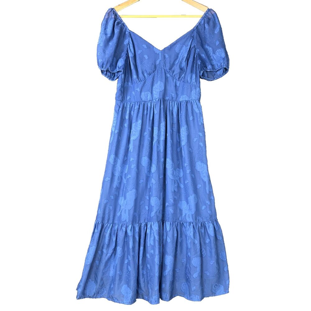 Mimi Chica Blue Floral Jacquard Midi Dress M Puff Sleeve Cottagecore Lined